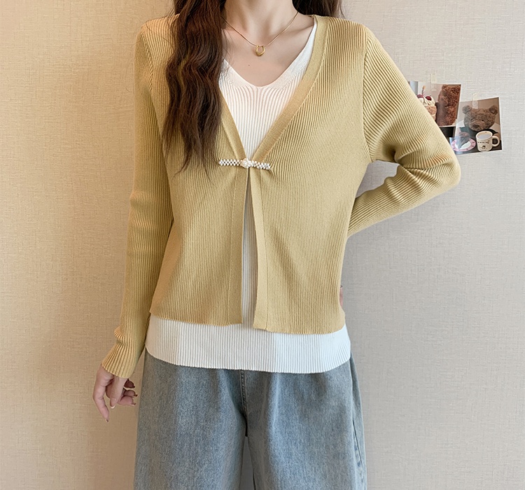 Pseudo-two V-neck autumn and winter Chinese style tops