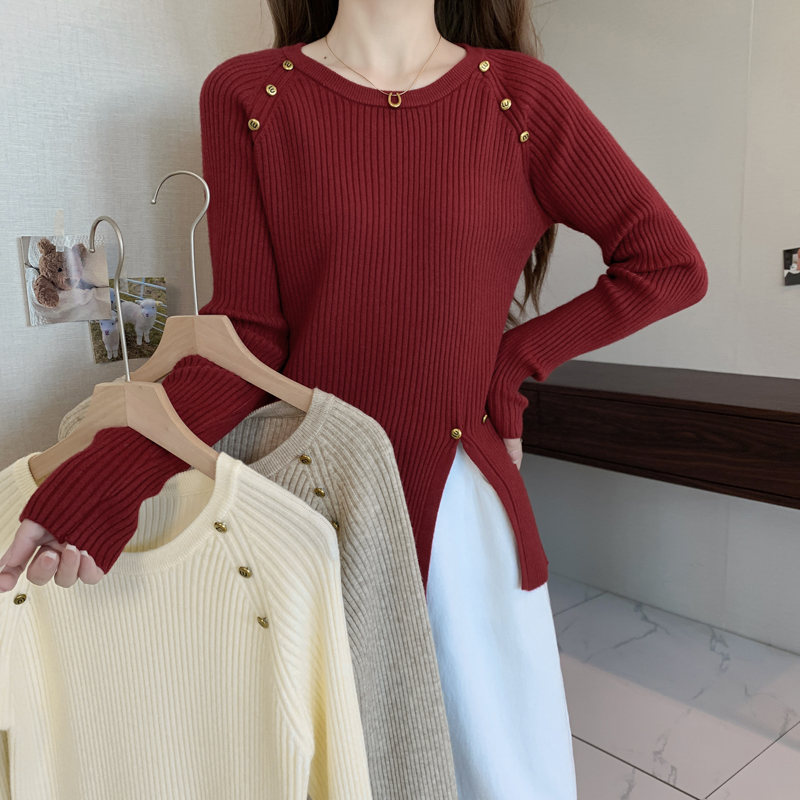 Irregular long sleeve tops split knitted sweater for women