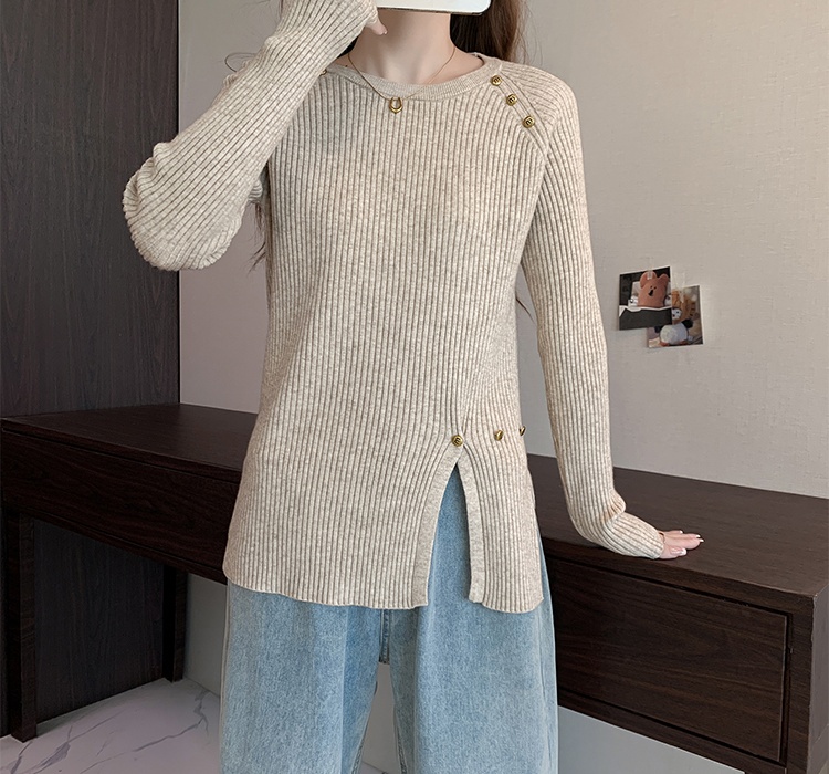 Irregular long sleeve tops split knitted sweater for women