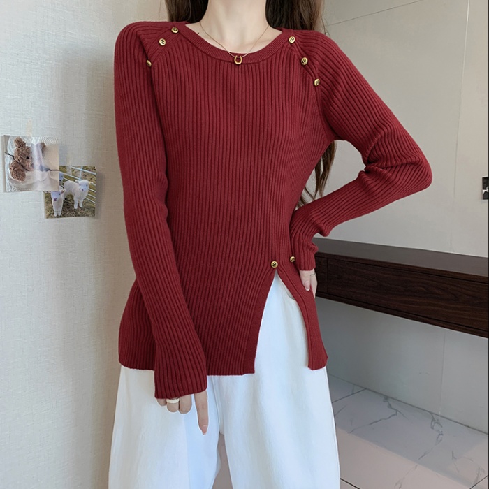 Irregular long sleeve tops split knitted sweater for women