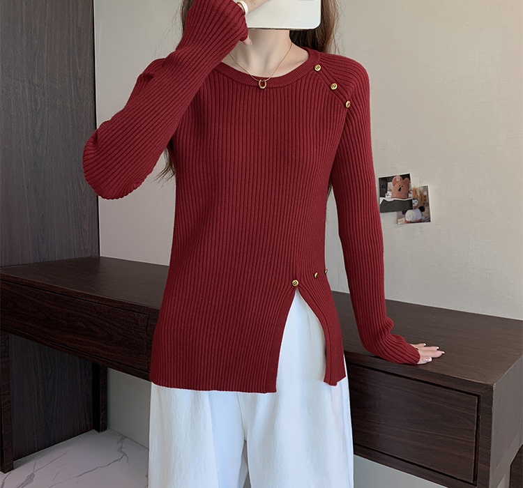 Irregular long sleeve tops split knitted sweater for women