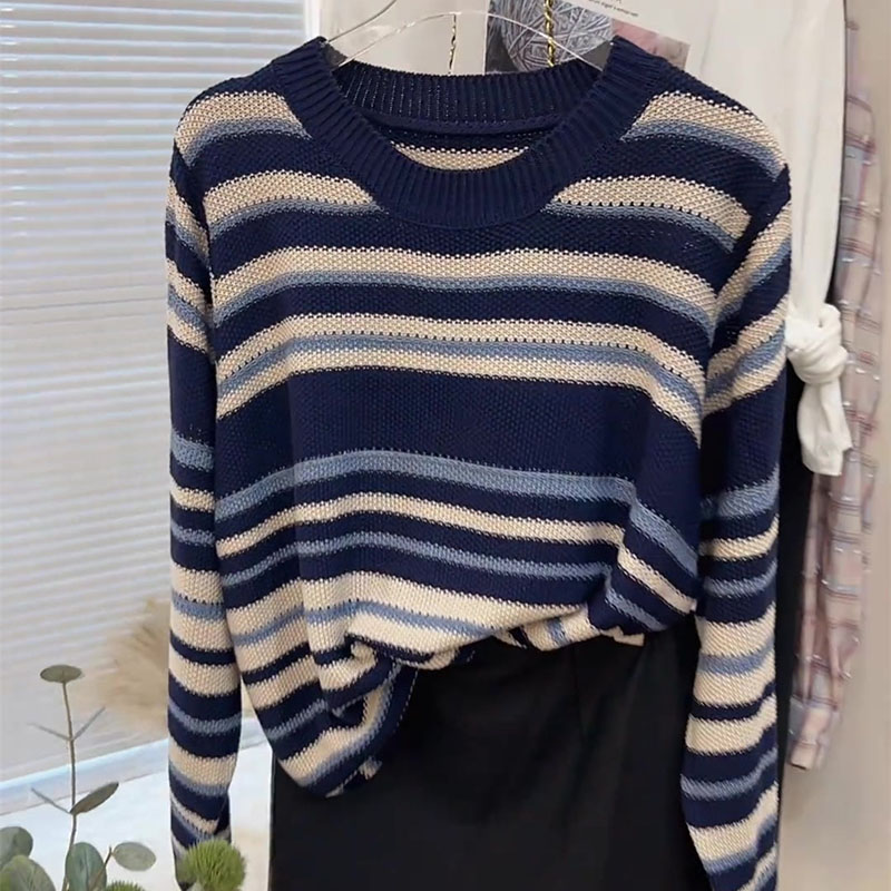 Stripe knitted sweater round neck retro tops for women