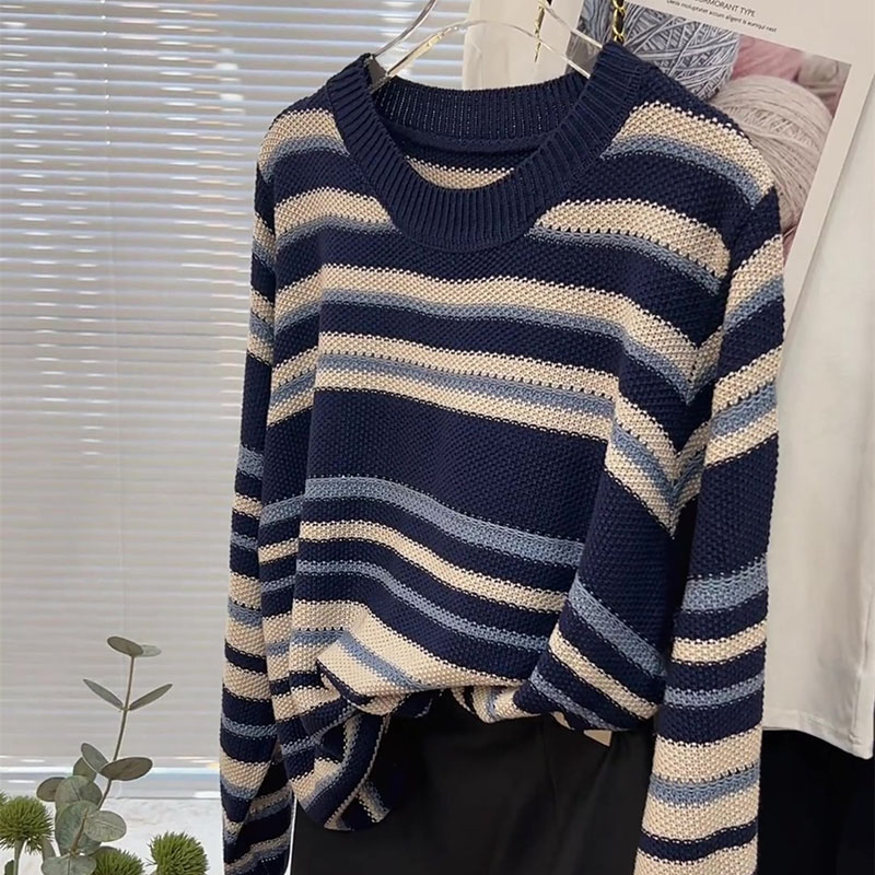 Stripe knitted sweater round neck retro tops for women