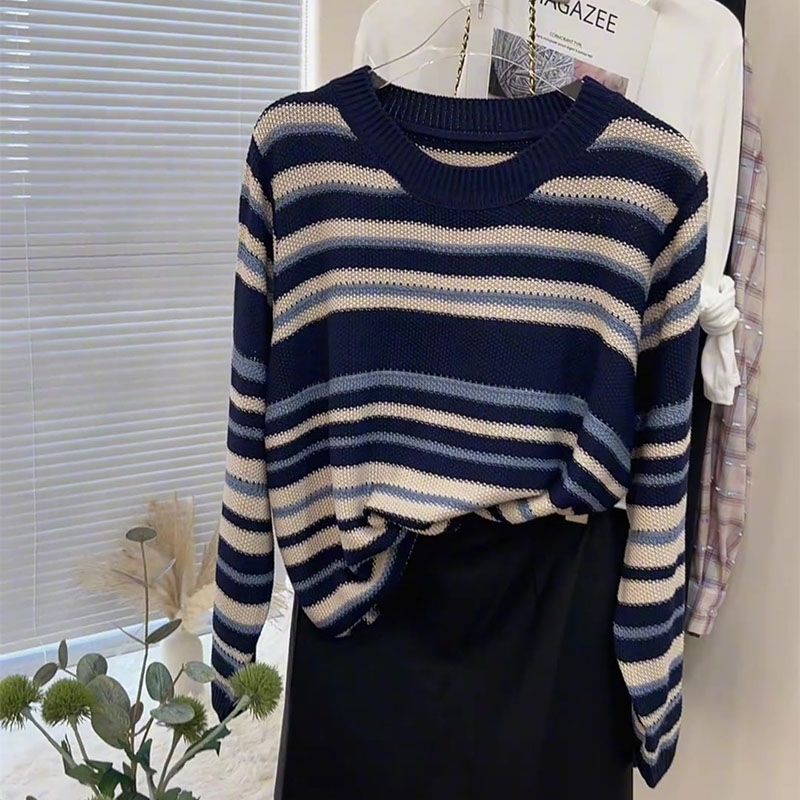 Stripe knitted sweater round neck retro tops for women