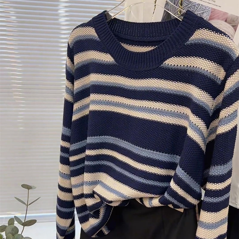 Stripe knitted sweater round neck retro tops for women