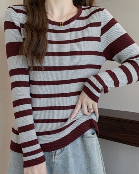 Autumn and winter retro mixed colors stripe knitted tops