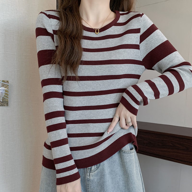 Autumn and winter retro mixed colors stripe knitted tops