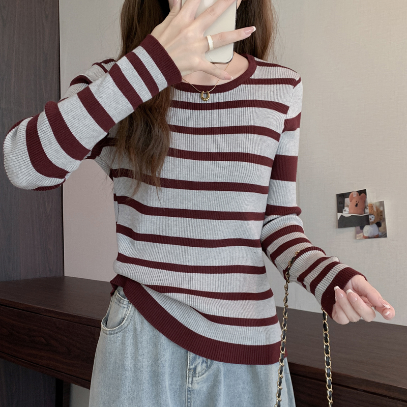 Autumn and winter retro mixed colors stripe knitted tops