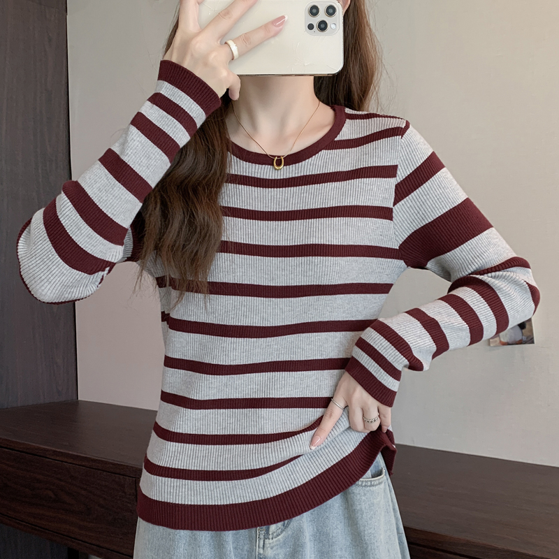 Autumn and winter retro mixed colors stripe knitted tops