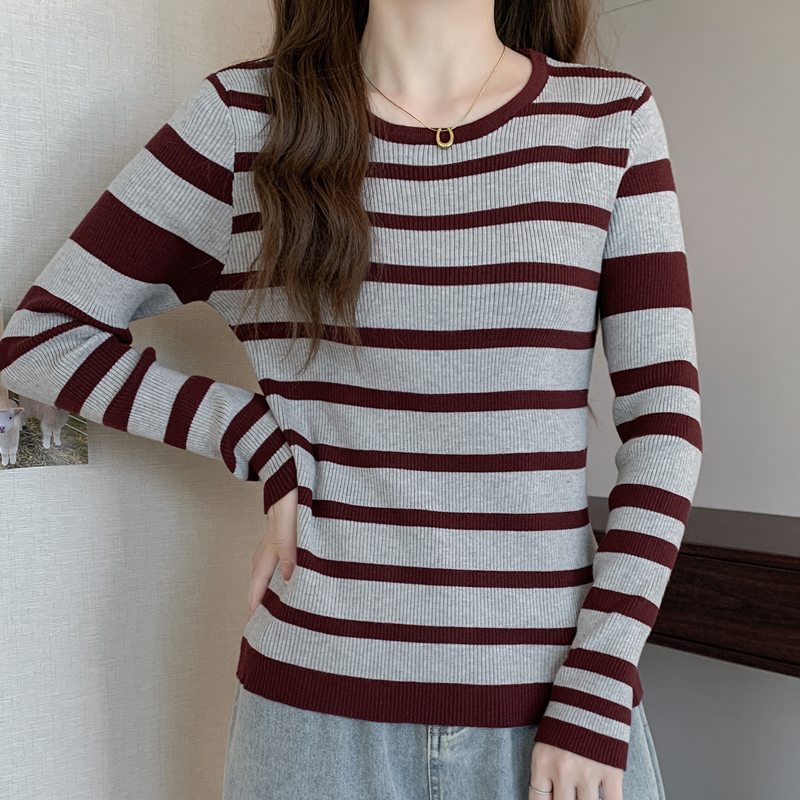 Autumn and winter retro mixed colors stripe knitted tops