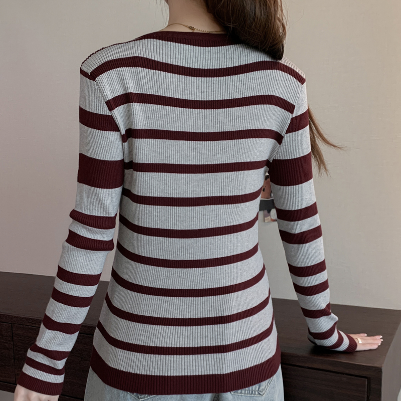 Autumn and winter retro mixed colors stripe knitted tops