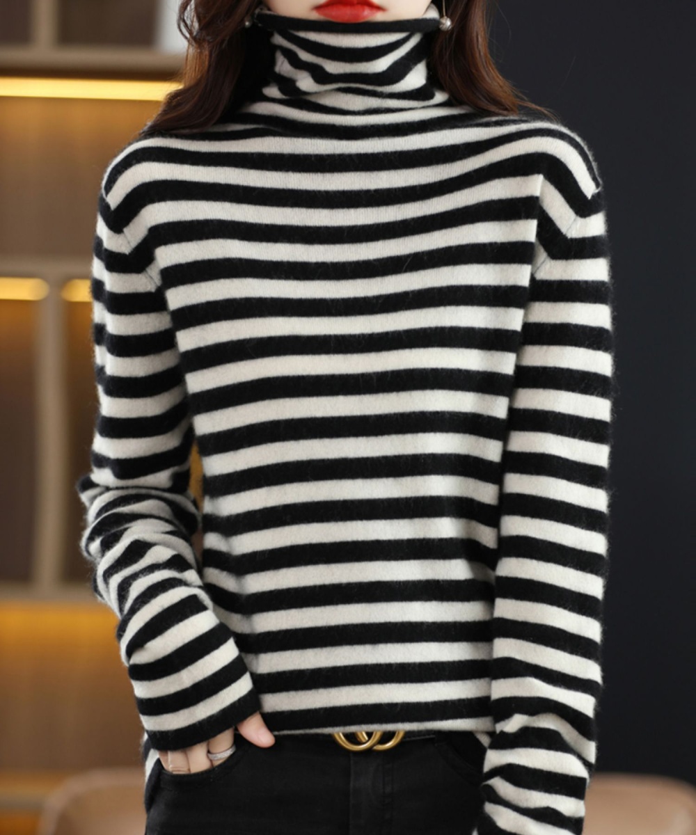 Casual cashmere wool shirts stripe knitted sweater