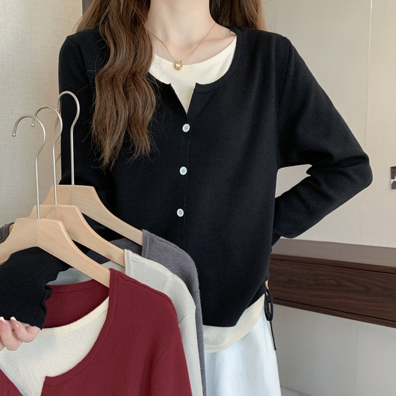 Pseudo-two mixed colors sweater autumn and winter tops for women