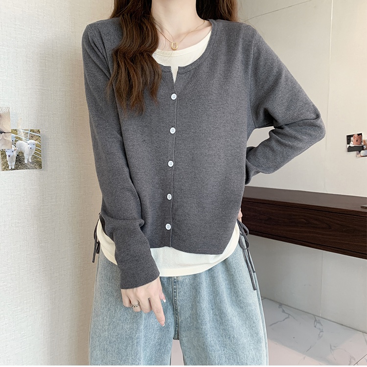 Pseudo-two mixed colors sweater autumn and winter tops for women