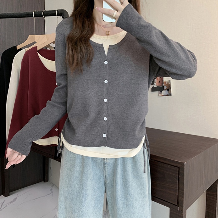 Pseudo-two mixed colors sweater autumn and winter tops for women