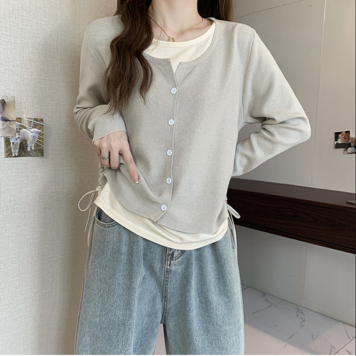 Pseudo-two mixed colors sweater autumn and winter tops for women