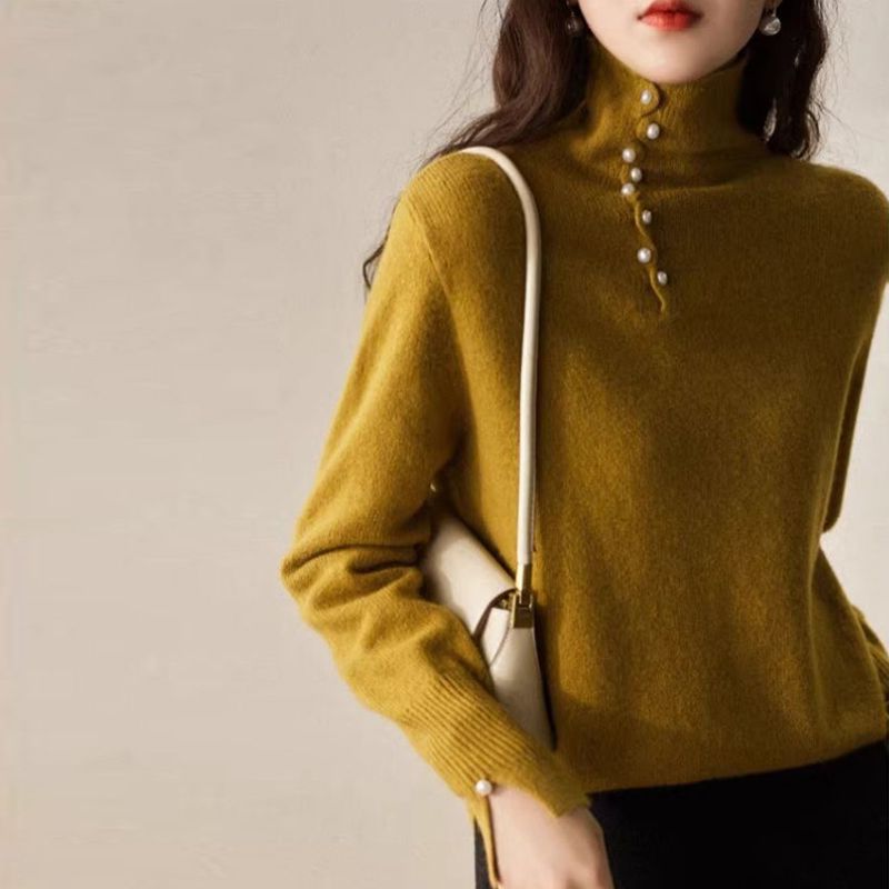 Pearl buckle bottoming shirt sweater for women