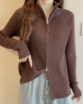 Cstand collar double zip coat knitted sweater for women