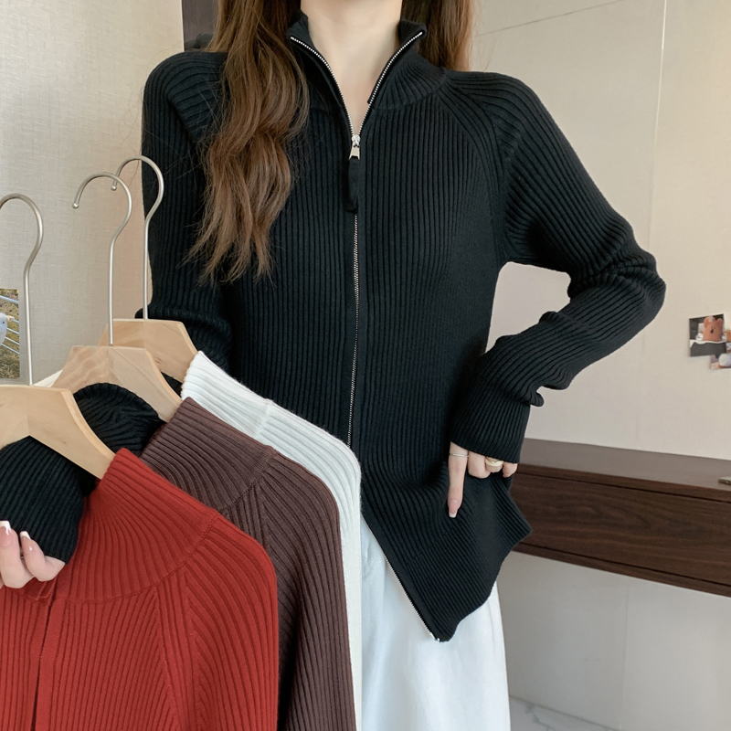 Cstand collar double zip coat knitted sweater for women