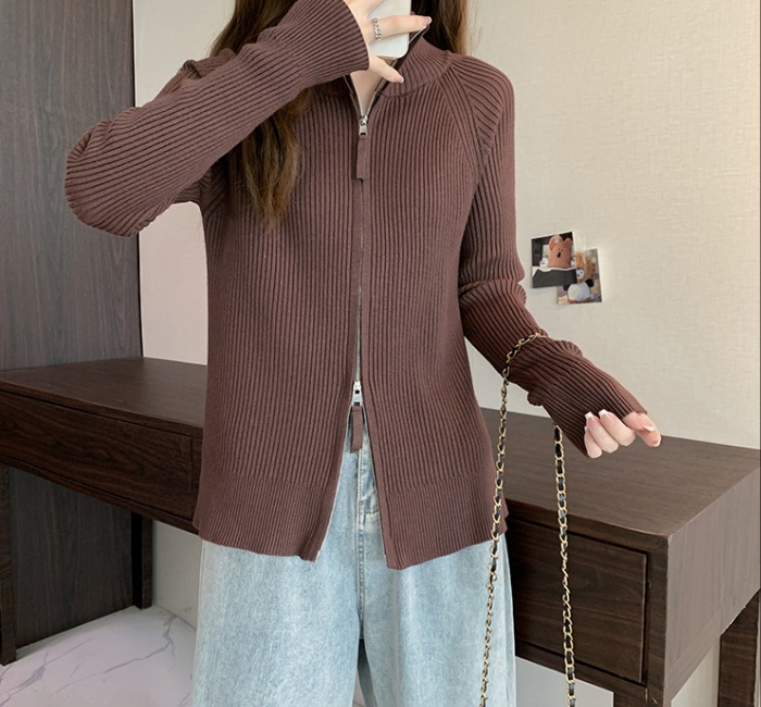 Cstand collar double zip coat knitted sweater for women