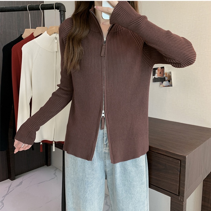 Cstand collar double zip coat knitted sweater for women