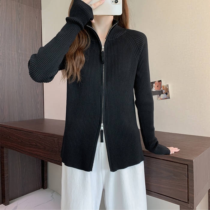 Cstand collar double zip coat knitted sweater for women