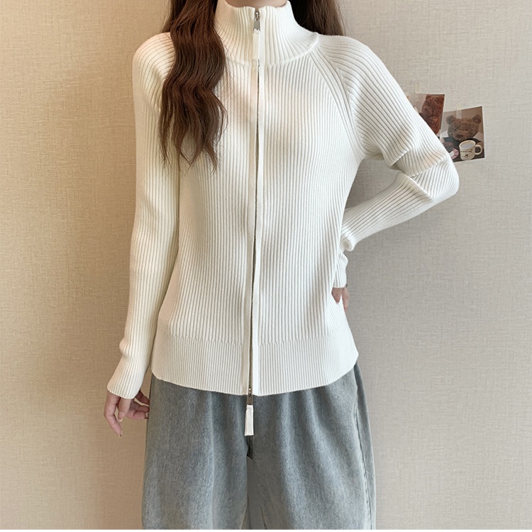 Cstand collar double zip coat knitted sweater for women