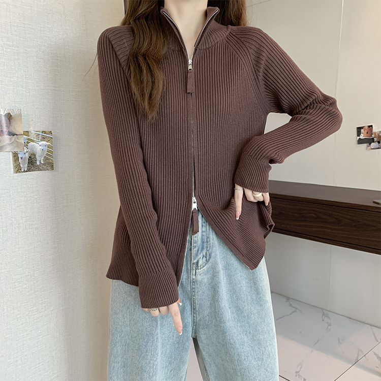 Cstand collar double zip coat knitted sweater for women