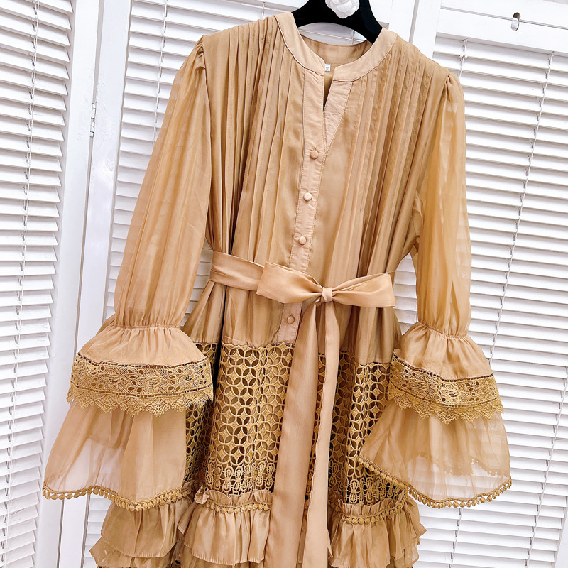 Vacation trumpet sleeves seaside hollow dress