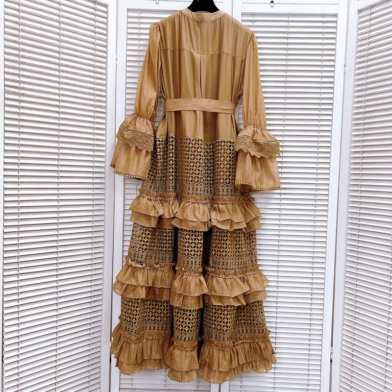 Vacation trumpet sleeves seaside hollow dress