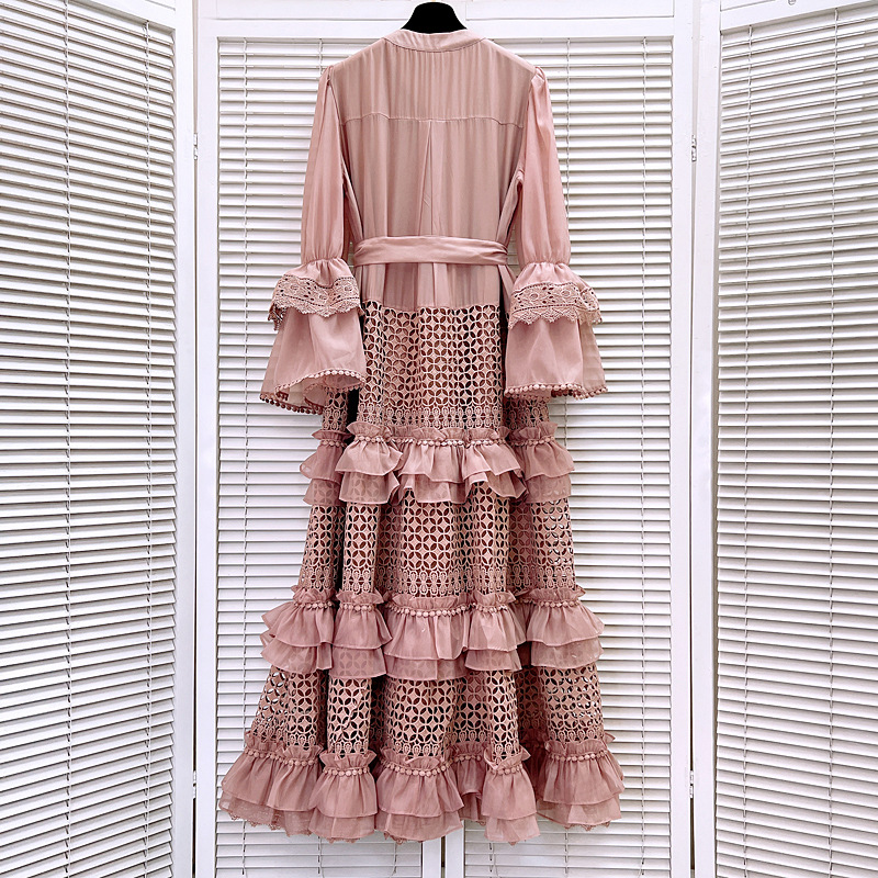 Vacation trumpet sleeves seaside hollow dress