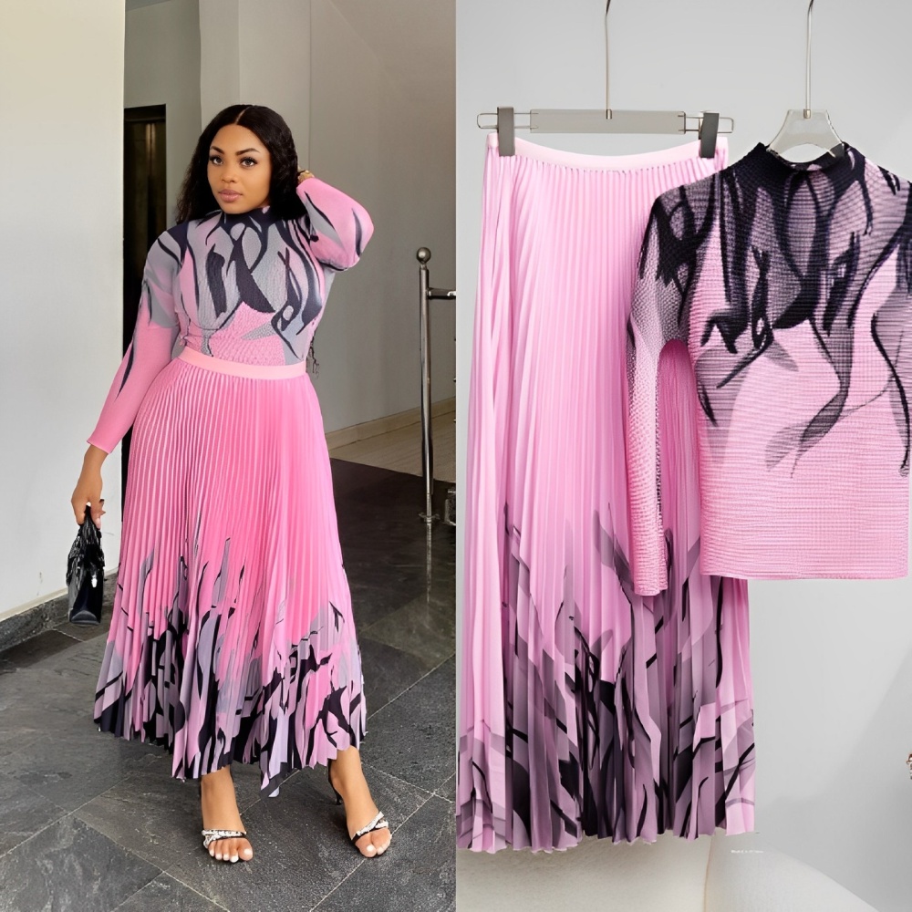 Pleated fashion temperament printing skirt 2pcs set