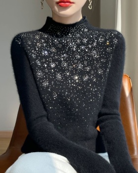 Rhinestone half high collar sweater all-match tops for women