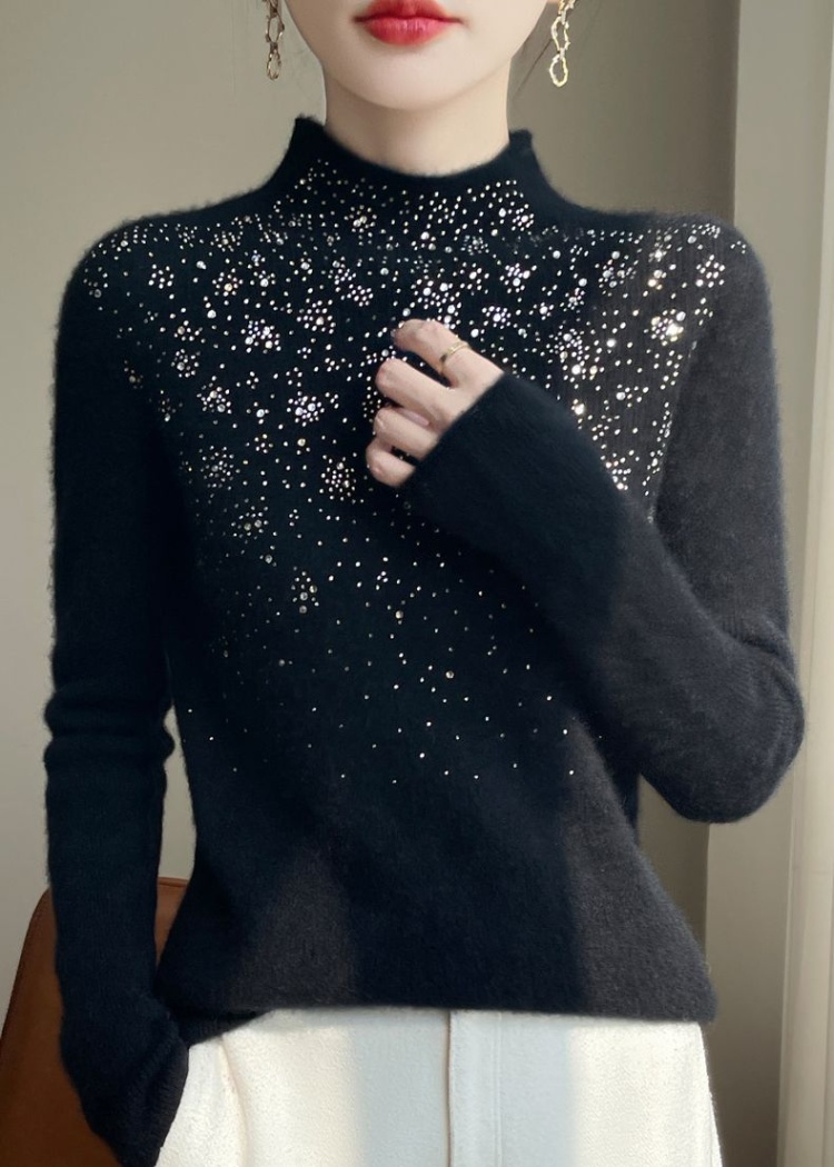 Rhinestone half high collar sweater all-match tops for women