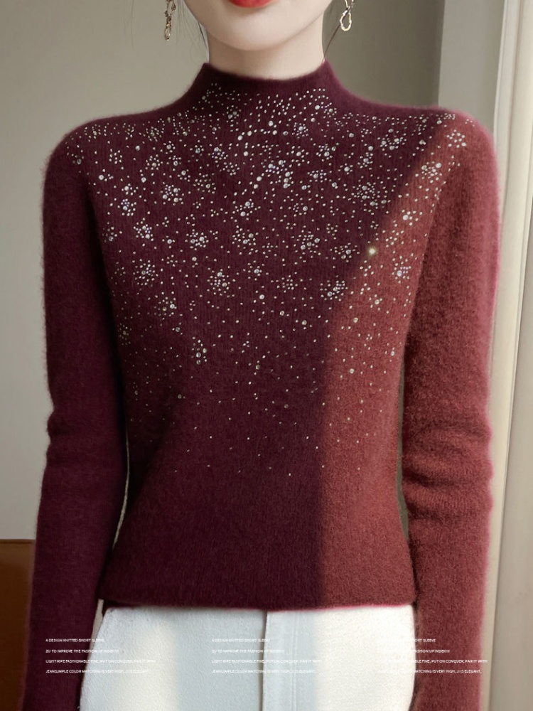 Rhinestone half high collar sweater all-match tops for women