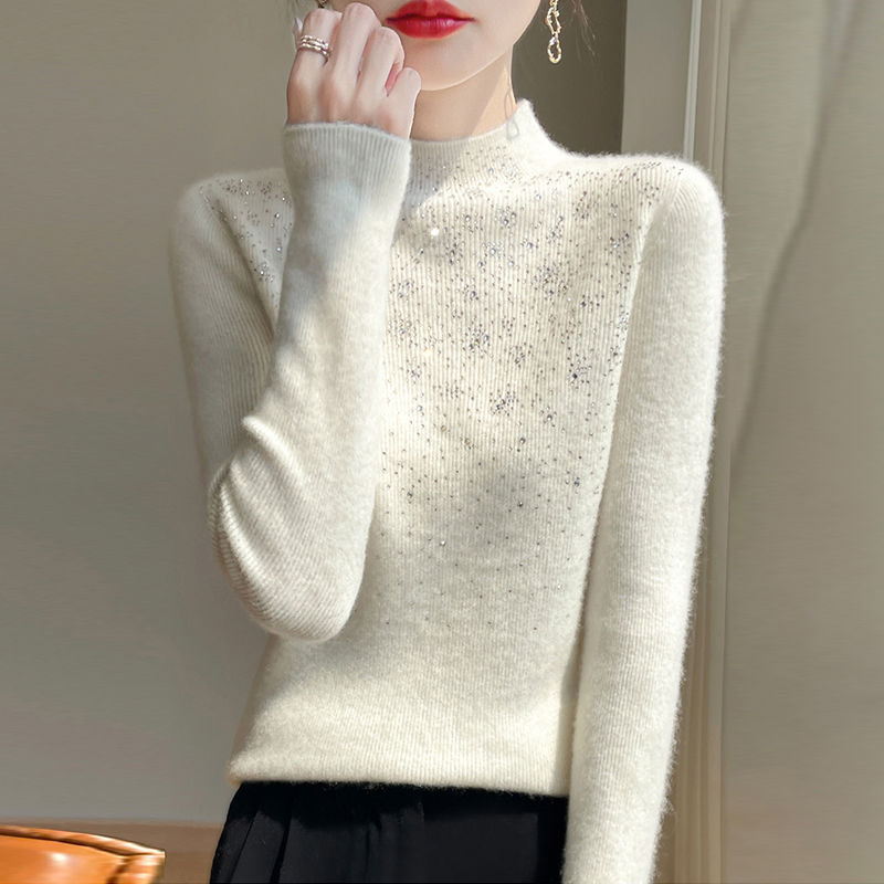 Rhinestone half high collar sweater all-match tops for women