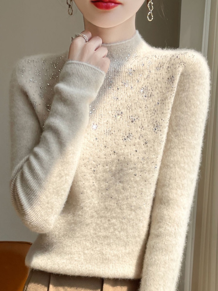 Rhinestone half high collar sweater all-match tops for women