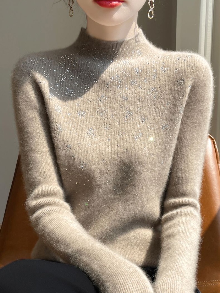 Rhinestone half high collar sweater all-match tops for women