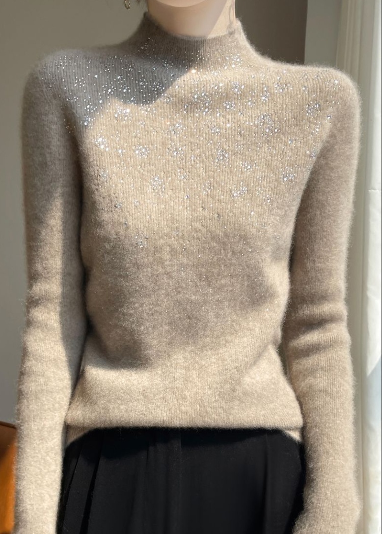 Rhinestone half high collar sweater all-match tops for women