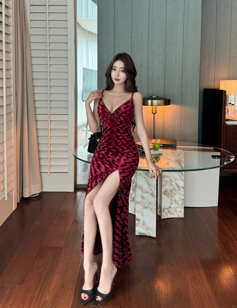 Sling long bottoming embossing golden velvet sexy dress