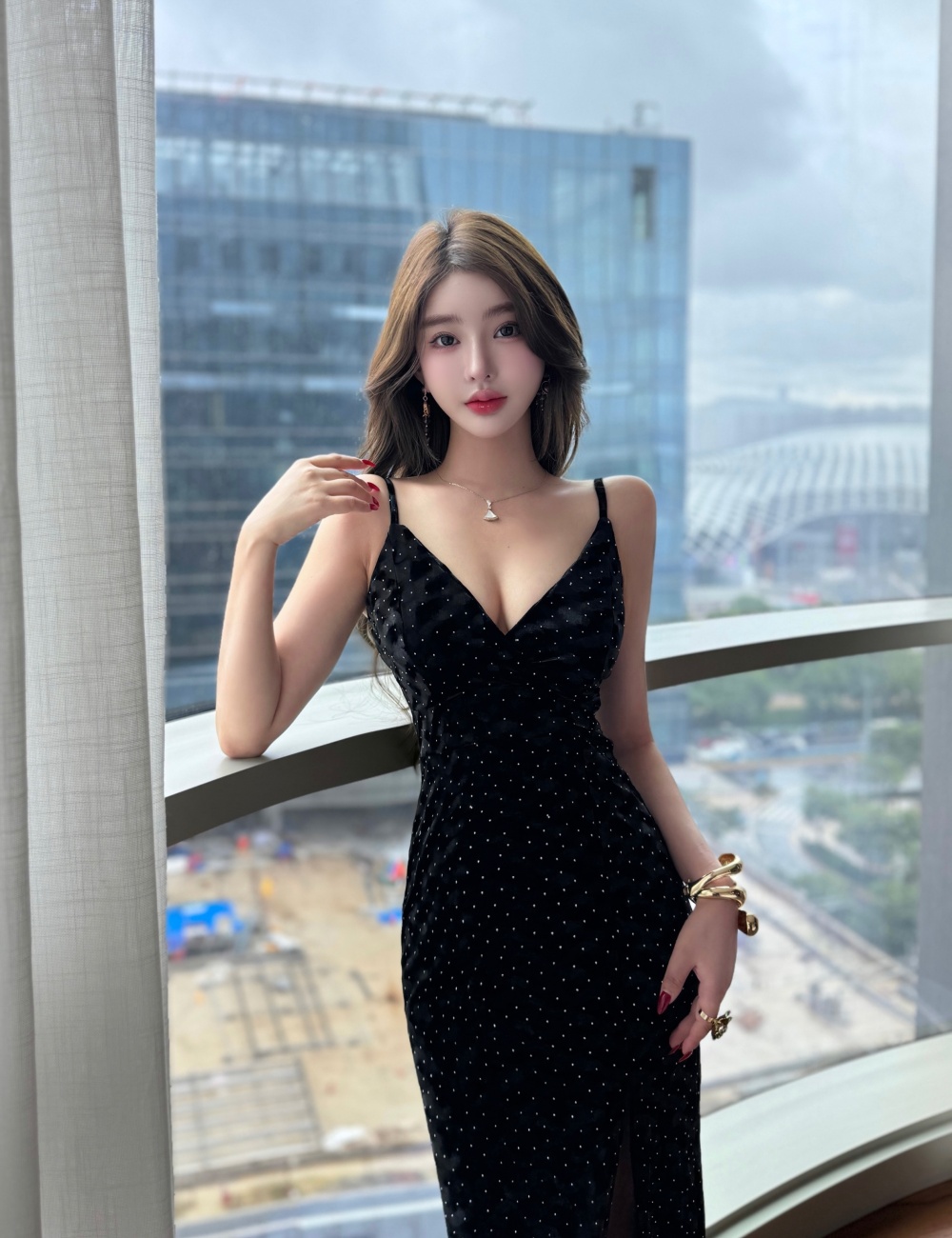 Sling long bottoming embossing golden velvet sexy dress