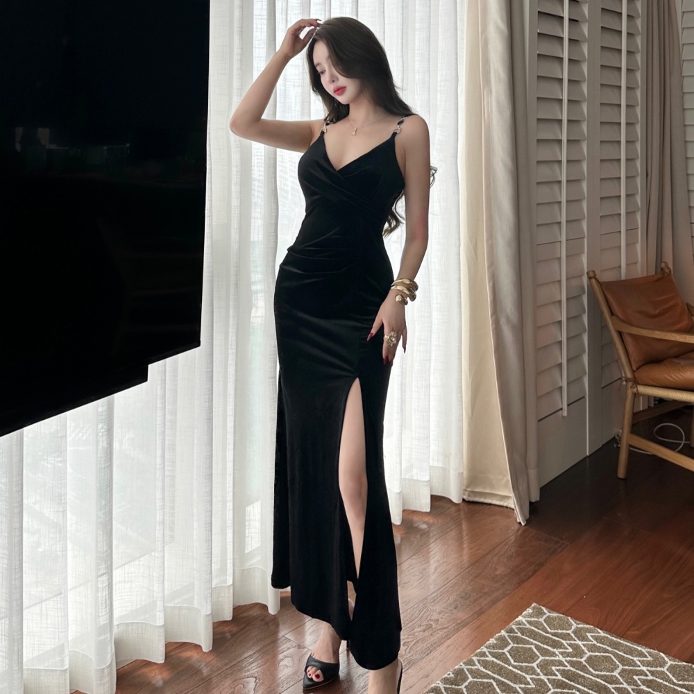 Bottoming package hip long golden velvet sexy slit dress