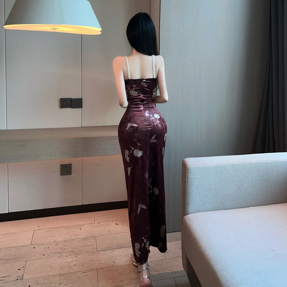 Sling package hip printing bottoming long sexy dress