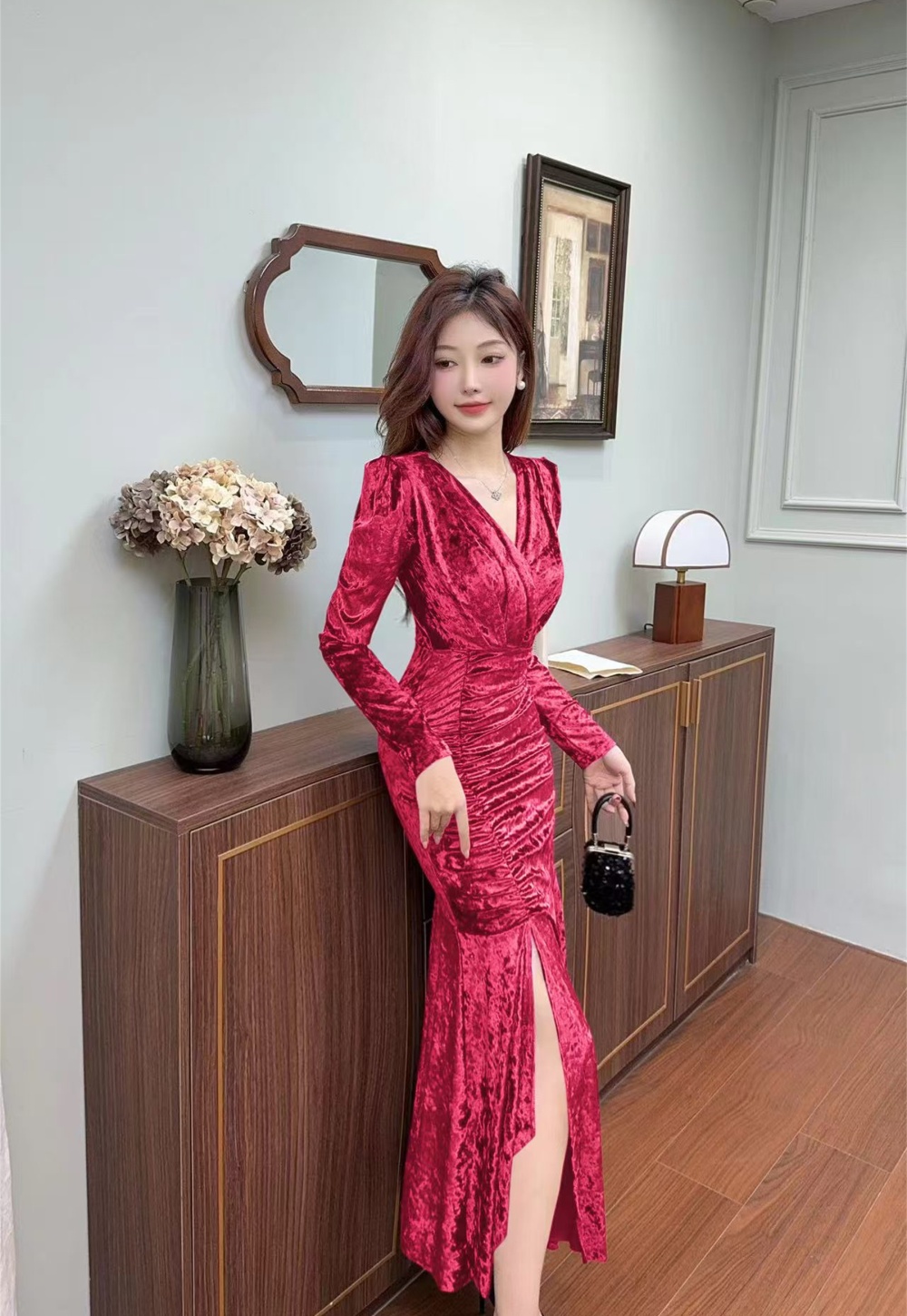 Velvet long sleeve temperament dress for women