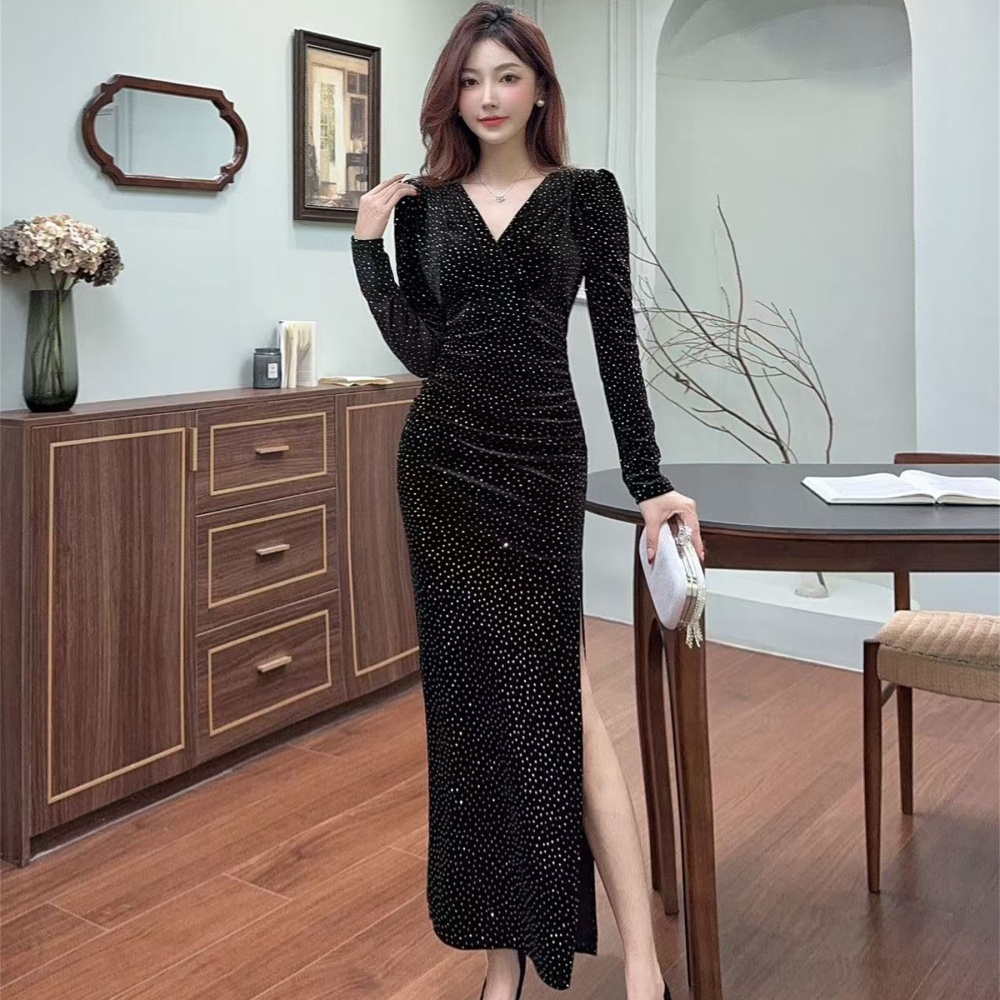 Temperament autumn long dress V-neck package hip dress