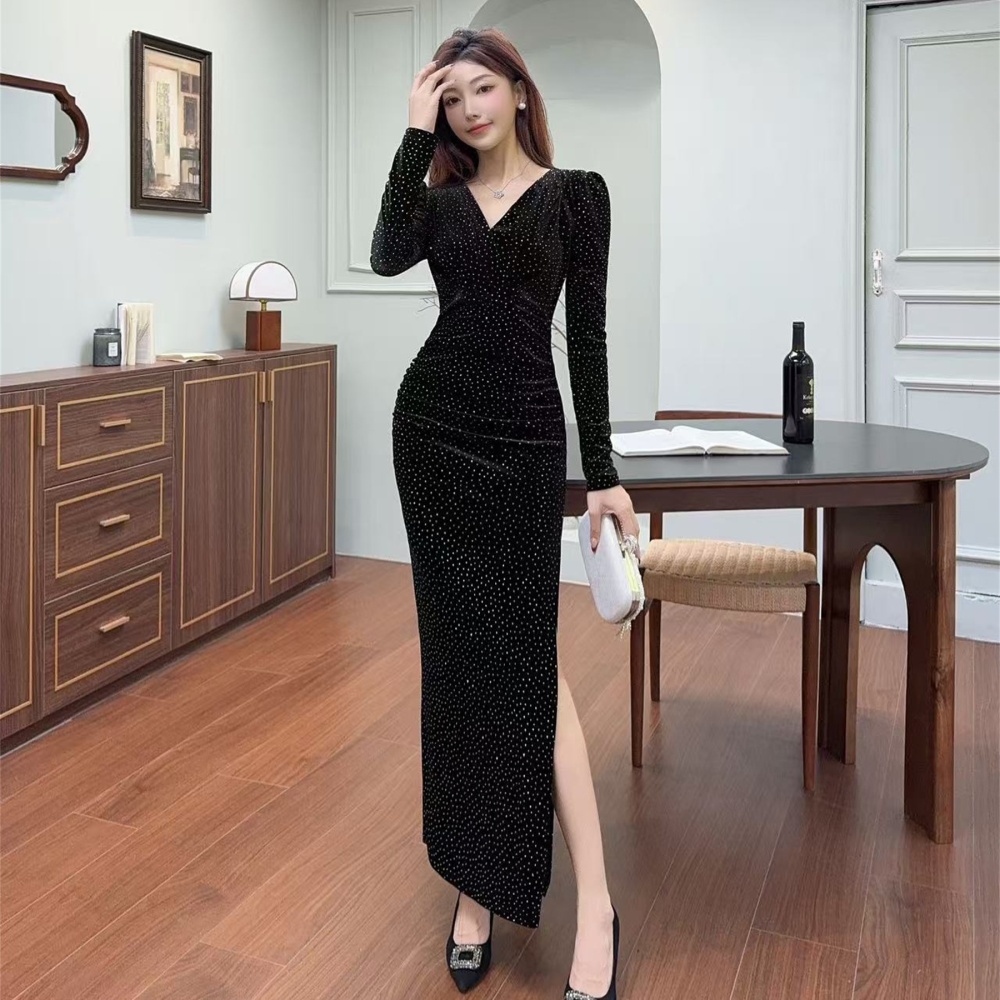 Temperament autumn long dress V-neck package hip dress