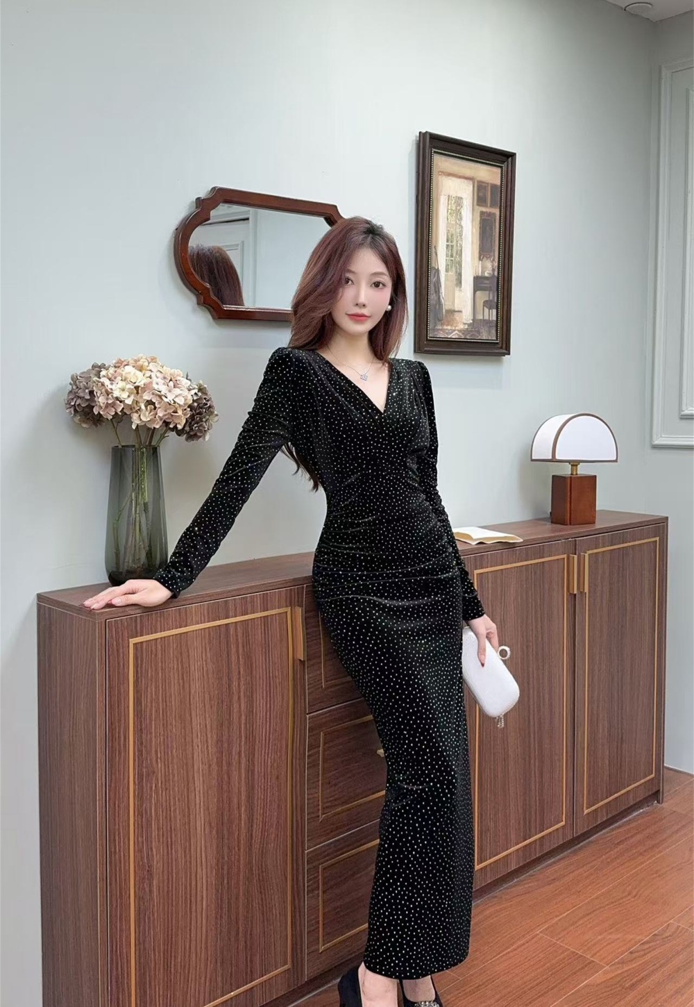 Temperament autumn long dress V-neck package hip dress