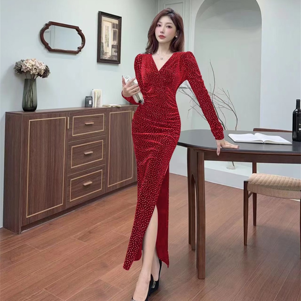 Temperament autumn long dress V-neck package hip dress