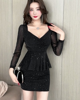 Perspective long sleeve slim lotus leaf edges bottoming dress