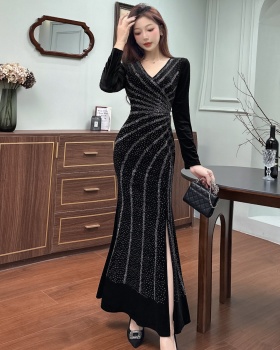 Long sleeve long mermaid formal dress golden velvet sexy dress